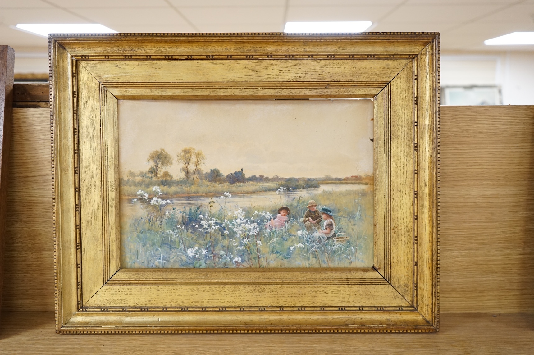 Hector Caffieri RI, RBA (1847-1932) Children at a riverside, signed, watercolour heightened with white, 25 x 38cm, housed in a gilt frame